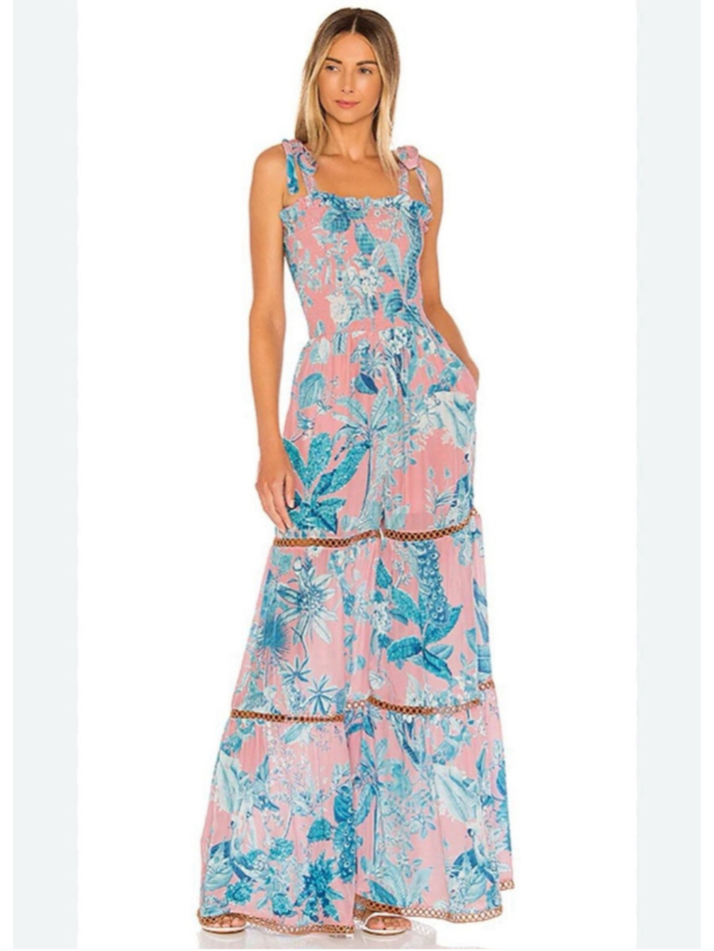 Hemant & Nandita S Millim Jumpsuit Pink Blue Floral Sequin Sleeveless Wide Leg